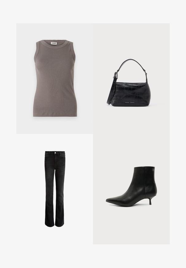 Grå ribbede tanktop med rund halsudskæring og ærmeløs design, lavet af et blødt, tekstureret stof. Enkel, tætsiddende silhuet.; Sorte flared jeans lavet af denim, med høj talje, fem lommer og sølvfarvet knaplukning. Glat tekstur med subtilt falm.; Sort læder ankelstøvle med spids tå og lav kitten hæl på lys baggrund, der viser yderside.; Sort skuldertaske i krokodillepræget læder med øverste håndtag og logo trykt på forsiden.