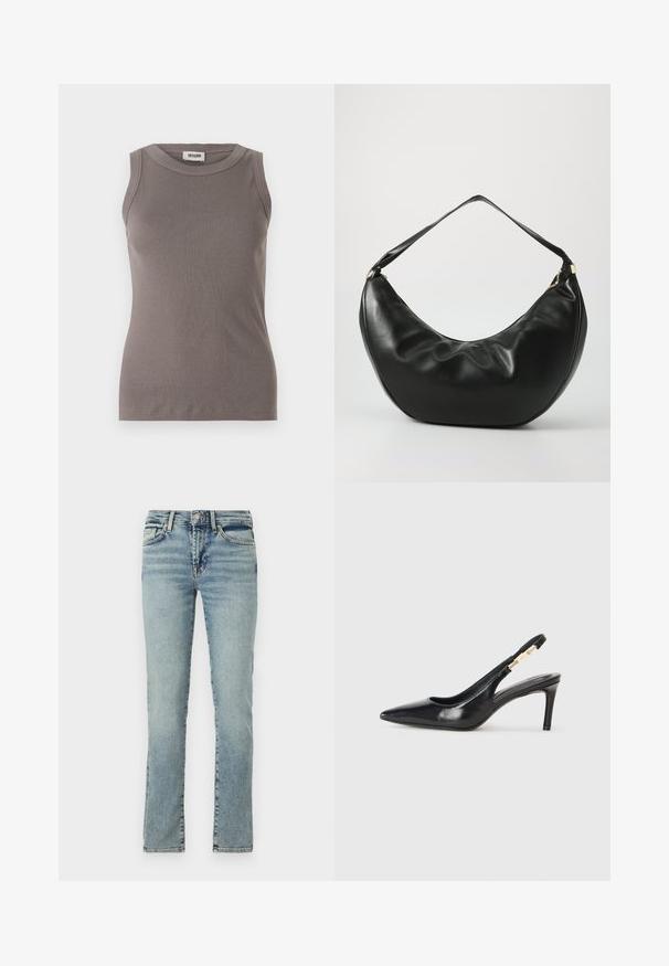 Grå ribbede tanktop med rund halsudskæring og ærmeløs design, lavet af et blødt, tekstureret stof. Enkel, tætsiddende silhuet.; Lyseblå denim jeans med lige ben-design, fem-lomme stil og subtilt slid. Har metalknap og lynlåslukning.; Sort læder slingback højhælede sko med spidse tæer, glat overflade og en smal ankelrem med guldfarvede hardware detaljer.; Sort læder skuldertaske med en buet form, blød tekstur og en enkelt rem; har en guldbeslået lynlås og diskret branding.