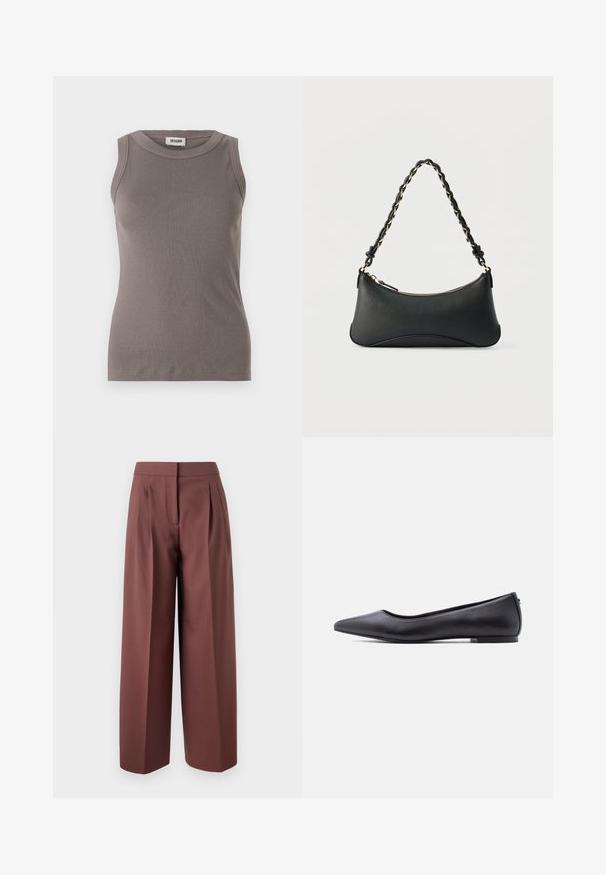 Graues, geripptes Tanktop mit rundem Ausschnitt und ärmellosem Design, hergestellt aus einem weichen, strukturierten Stoff. Schlichte, taillierte Silhouette.; Braune weite Hose mit hoher Taille, versehen mit Falten an der Vorderseite, maßgeschneiderter Schnitt und glatter Stoffoberfläche.; Schwarzer flacher Lederschuh mit spitzer Kappe und niedrigem Absatz, seitlich vor weißem Hintergrund gezeigt.; Schwarze Lederschultertasche mit gewölbter rechteckiger Form, goldener Kette, die in den geflochtenen schwarzen Riemen eingewebt ist, und Reißverschlussverschluss oben.