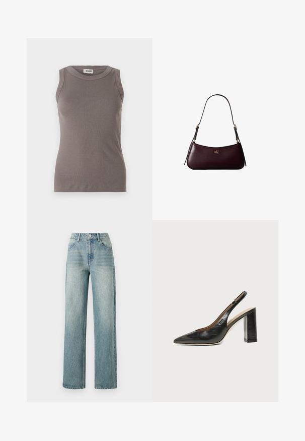 Graues, geripptes Tanktop mit rundem Ausschnitt und ärmellosem Design, hergestellt aus einem weichen, strukturierten Stoff. Schlichte, taillierte Silhouette.; Copenhagen Muse JEANNE PANTS - Jeans Relaxed Fit - medium dirty washed denim; Schwarzer Leder-Slingback-Schuh mit spitzer Kappe, hohem Blockabsatz und beigegefüttertem Innenraum vor hellem, einfarbigem Hintergrund.; Dunkelburgunderfarbene Lederhandtasche mit schmalem schwarzem Schulterriemen und kleinem goldenem "cK" Logo vorne in der Mitte.