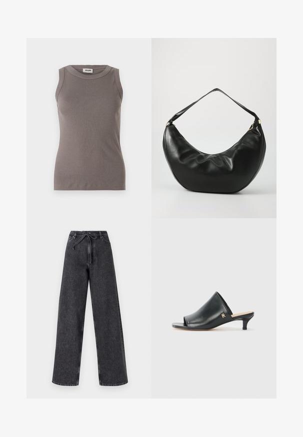 Débardeur gris côtelé avec un col rond et un design sans manches, fabriqué à partir d'un tissu doux et texturé. Silhouette simple et ajustée.; Jean en denim noir taille haute et jambes larges avec une fermeture à cordon. Présente une texture délavée et des détails de couture subtils.; Mules ouverts en cuir noir avec un talon bas. Présentent une surface lisse et un accent logo doré sur le côté.; Sac à épaule en cuir noir, de forme courbée, avec une texture douce et une seule sangle; il comporte une fermeture éclair dorée et un logo discret.