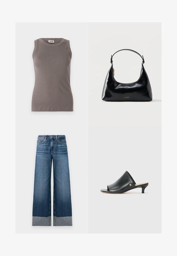 Top de tirantes gris con cuello redondo y diseño sin mangas, confeccionado en una suave tela texturizada. Silueta simple y ajustada.; Vaqueros de pierna ancha en azul con un degradado de denim oscuro a claro, presentando un dobladillo sin acabar y sutilezas en los detalles de costura. Diseño clásico de cinco bolsillos.; Mules de cuero negro de punta abierta con un tacón bajo. Presentan una superficie lisa y un acento del logo dorado en el costado.; Bolso negro brillante de Calvin Klein con cremallera dorada y correa corta sobre un fondo blanco liso.