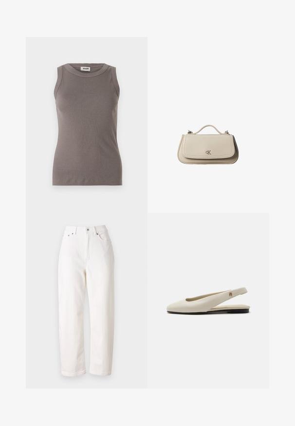 Débardeur gris côtelé avec un col rond et un design sans manches, fabriqué à partir d'un tissu doux et texturé. Silhouette simple et ajustée.; Jean en denim blanc avec une coupe droite, taille haute, fermeture éclair et bouton métallique. Comprend cinq poches et une couture discrète.; Chaussure plate slingback en cuir couleur crème avec un bout arrondi et un petit emblème doré sur la bride.; Petit sac à main en cuir beige avec poignée supérieure et logo CK argenté sur le rabat avant, présenté sur fond blanc.