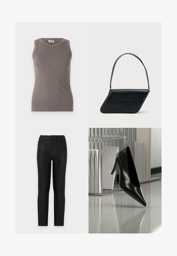 Graues, geripptes Tanktop mit rundem Ausschnitt und ärmellosem Design, hergestellt aus einem weichen, strukturierten Stoff. Schlichte, taillierte Silhouette.; Schwarze Denim-Jeans im Slim-Fit mit hoher Taille, klassischem Fünf-Taschen-Design und subtiler glänzender Textur. Standardmäßiger Knopfverschluss vorne.; Schwarzer High-Heel-Schuh mit spitzer Zehe und goldem Logo, auf einer reflektierenden Oberfläche nahe einem verchromten Draht-Organizer mit Dokumenten positioniert.; Schwarze Leder-Umhängetasche mit dreieckiger Form, geprägt mit Logo und einem einzigen verstellbaren Riemen. Minimalistisches Design mit glatter Textur.
