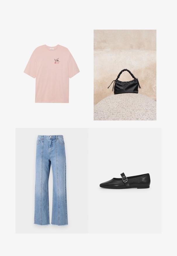 Helles rosa Baumwoll-T-Shirt mit einem schwarzen Kran-Graphic und roten Akzenten sowie dem Wort "SAKURA". Bequeme Passform und Rundhalsausschnitt.; Hellblaue Denim-Hosen mit weitem Bein und hoher Taille, mit Frontnähten und rohem Saum. Sie verfügen über einen klassischen Knopf- und Reißverschlussverschluss an der Taille.; Schwarzer Lederflatschuh mit runder Zehenform, einem verstellbaren Schnallenriemen und einer glatten, glänzenden Oberfläche. Minimalistisches Design mit einem niedrigen Absatz.; Schwarze geraffte Handtasche mit einem gesammelten Griff, die auf einer strukturierten Steinkugel vor einem beigen Betonwand-Hintergrund liegt.