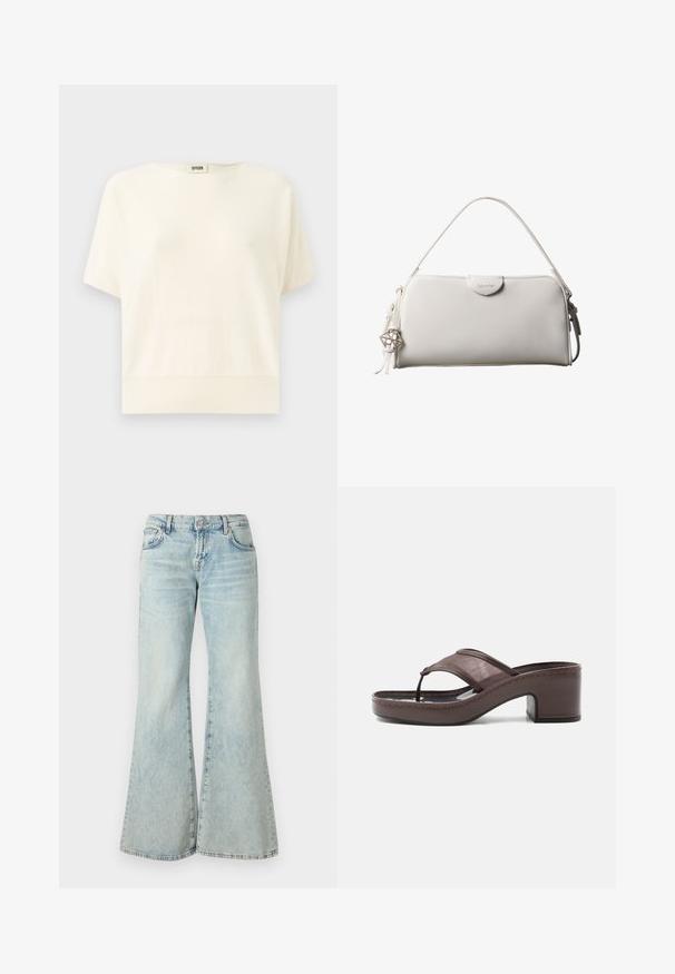Romantop met korte mouwen in crème, met een ontspannen pasvorm, geribbelde zoom en ronde halslijn; gemaakt van zachte, lichte stof.; Lichtblauwe flared jeans van denim, met een hoge taille, zakken en rafelige zomen. De stof heeft een vervaagde wassing en een subtiele textuur.; Bruine sandaal met hak, voorzien van een mesh bandje en teenslipperontwerp, met blokhak en gestikte zool, zijaanzicht op witte achtergrond.; Witte rechthoekige Calvin Klein handtas met enkele handgreep, minimalistisch ontwerp en decoratieve kwastjes met geometrische metalen hanger aan de zijkant.