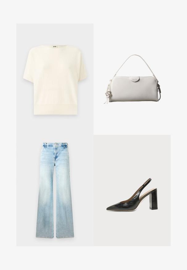 Helles Kurzarmoberteil mit lockerer Passform, geripptem Saum und rundem Halsausschnitt; aus weichem, leichtem Stoff gefertigt.; Hellblaue, flared Jeans aus Denim. Sie bietet eine ausgewaschene Optik, Standardtaschen und einen Knopfverschluss an der Taille.; Schwarzer Leder-Slingback-Schuh mit spitzer Kappe, hohem Blockabsatz und beigegefüttertem Innenraum vor hellem, einfarbigem Hintergrund.; Weiße rechteckige Calvin Klein Handtasche mit einem einzelnen Henkel, minimalistischem Design und dekorativen Quasten mit geometrischem Metallanhänger an der Seite.