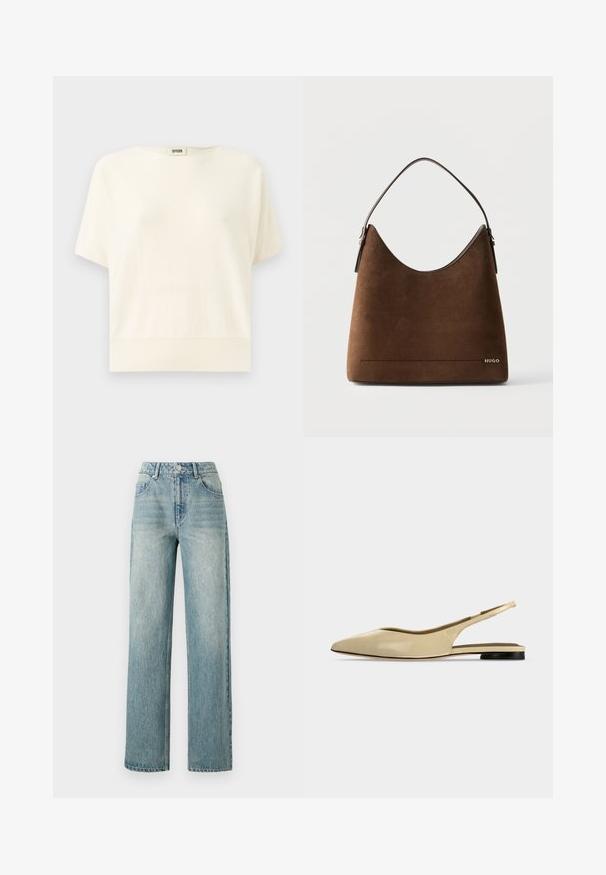 Creme kortærmet top med afslappet pasform, ribbet kant og rund halsudskæring; lavet af blødt, letvægtsstof.; Copenhagen Muse JEANNE PANTS - Jeans Relaxed Fit - medium dirty washed denim; Beige spids tå slingback flad sko med lav sort hæl og en glat læderfinish, vist fra siden på en ensfarvet baggrund.; Brun ruskindshåndtaske med enkelt strop, buet topkant og lille metallisk "HUGO" logo nederst til højre foran.