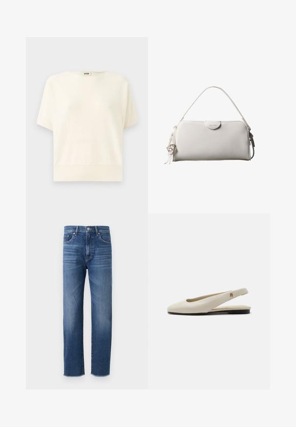 Romantop met korte mouwen in crème, met een ontspannen pasvorm, geribbelde zoom en ronde halslijn; gemaakt van zachte, lichte stof.; Blauwe denim jeans met een recht gesneden ontwerp, voorzien van een vervaagde afwerking, vijf zakken en een rafelige zoom.; Crèmekleurige leren slingback platte schoen met ronde neus en klein gouden embleem op het bandje.; Witte rechthoekige Calvin Klein handtas met enkele handgreep, minimalistisch ontwerp en decoratieve kwastjes met geometrische metalen hanger aan de zijkant.