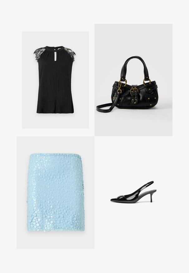 Blouse noire sans manches avec manches courtes en dentelle, encolure ronde avec découpe en forme de goutte, et fermeture par bouton au dos.; Mini-jupe bleu clair ornée de petits sequins floraux répartis sur toute la surface, créant un motif texturé scintillant.; Escarpins slingback en cuir verni noir avec un bout pointu et une finition brillante. Présente un talon fin et un accent arrondi au dessus du pied.; Sac à main en cuir noir avec boucle dorée et détails à rivets, poignées courtes et bandoulière réglable sur fond blanc uni.