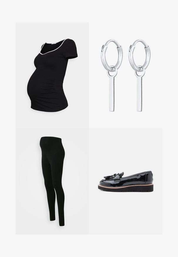 Anna Field MAMA T-shirt print - black; Zwarte zwangerschapsleggings met een hoge, ondersteunende tailleband, een gladde textuur, een aansluitend ontwerp en zonder zichtbare patronen of versieringen.; Zwarte lakleren loafers met een gestructureerde voorkant en een strik, een dikke zwarte zool en een contrasterende lichtbruine afwerking.; Zilveren oorringen met een gladde, gepolijste afwerking, voorzien van een hangende, rechthoekige staaf. Minimalistisch ontwerp, zonder aanvullende versieringen.