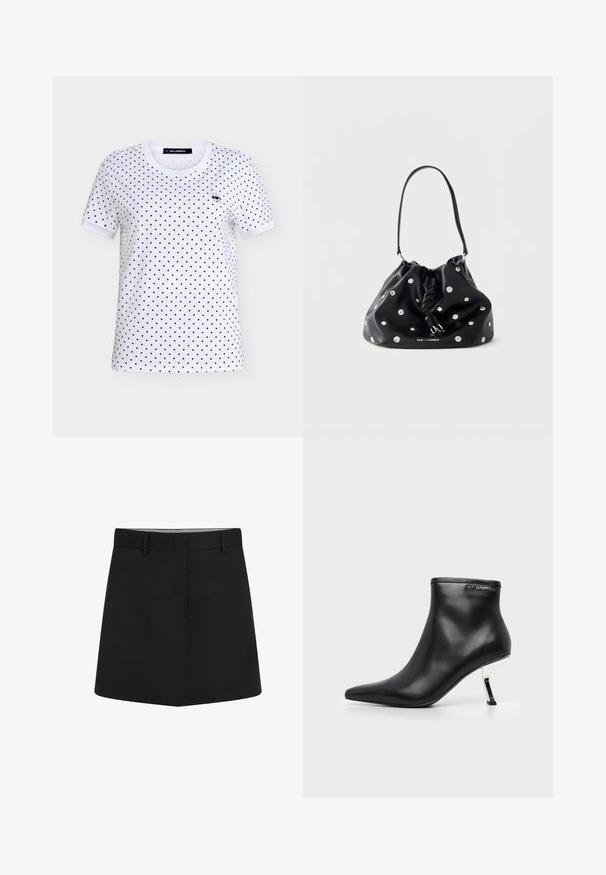 T-shirt blanc à manches courtes avec des pois noirs et une petite icône de dessin animé d’une personne portant des lunettes de soleil sur la poitrine gauche.; Shorts noirs en tissu lisse, présentant un design ajusté avec une taille plate et des poches latérales. Silhouette épurée et minimaliste.; Bottine en cuir noir avec un bout pointu et un talon aiguille argenté brillant sur fond blanc.; Sac à main en cuir noir avec le haut froncé, clous argentés, cordon noué et bandoulière simple sur fond blanc.