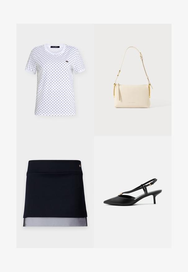 T-shirt blanc à manches courtes avec des pois noirs et une petite icône de dessin animé d’une personne portant des lunettes de soleil sur la poitrine gauche.; Jupe noire avec une taille ajustée et un détail d'ourlet en maille transparente. Le tissu est lisse avec une conception structurée, présentant un petit accent en métal.; Escarpin slingback en cuir noir à petit talon kitten, bout pointu, fine bride en T, boucle réglable et petite décoration dorée sur la bride.; Sac à main rectangulaire couleur crème avec bandoulière réglable et détails métalliques dorés, avec un logo Marc Jacobs discret sur le devant.