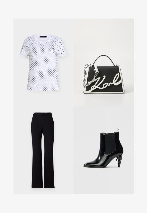 Weißes T-Shirt mit kurzen Ärmeln, schwarzen Polka-Dots und einem kleinen Cartoon-Symbol einer Person mit Sonnenbrille auf der linken Brust.; Schwarze Hose mit geradem Schnitt, glatter Textur und einem Bund mit einem einzelnen Knopfverschluss. Keine sichtbaren Muster oder Akzente.; Schwarzer Stiefelette aus Lackleder mit elastischen Seitenteilen, spitzer Zehenpartie und einem einzigartigen, skulpturalen Absatzdesign mit einer kleinen Figur.; Schwarze Ledertasche mit weißen Akzenten. Verfügt über einen Kettenriemen, eine strukturierte Form und ein auffälliges weißes Logo-Detail. Glatte Textur.