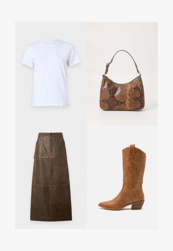 Witte katoenen T-shirt, korte mouwen, klassiek ronde hals ontwerp, effen textuur zonder patronen of accenten, standaard pasvorm, eenvoudig en veelzijdig.; Bruine leren midi rok met een hoge taille, een voorzak en een zachte textuur met zichtbare stiksels.; Tan leren cowboylaars met puntige neus, geborduurde spiraalpatronen op de schacht en een gestapelde blokhak. Voorzien van een trekband voor gemakkelijke aan- en uittrekken.; Kleine handtas met een bruin en zwart slangenprintpatroon, korte verstelbare schouderriem en ritssluiting.
