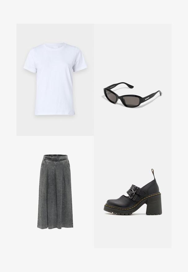 Hvid bomulds T-shirt, korte ærmer, klassisk crew neck design, ensartet tekstur uden mønstre eller accenter, standard pasform, enkel og alsidig.; Grå denimnederdel med plisseringer, elastisk talje, knælang og en tekstureret overflade. Simpelt design uden synlige mønstre eller dekorationer.; Sorte højhælede sko med en tekstureret sål, der har to sølvspænder, gul syning og en løkke bagpå for nem påtagning.; Sorte solbriller med rektangulært stel, mørke linser, glat plastmateriale og en metalaccent på templet.