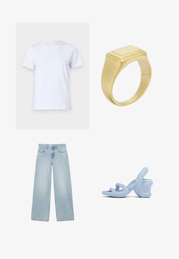Witte katoenen T-shirt, korte mouwen, klassiek ronde hals ontwerp, effen textuur zonder patronen of accenten, standaard pasvorm, eenvoudig en veelzijdig.; Lichtblauwe wijde jeans met voor- en achterzakken, knoop- en ritssluiting, en subtiele strass-steentjes als versiering.; Lichtblauwe haksandalen, gemaakt van glad rubber, met een sculpturaal ontwerp van golvende banden en een stevige hak.; Gouden zegelring met een glad, rechthoekig vlak en een gepolijste afwerking, gemaakt van roestvrij staal.