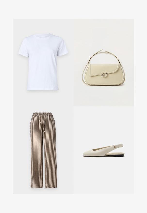 Witte katoenen T-shirt, korte mouwen, klassiek ronde hals ontwerp, effen textuur zonder patronen of accenten, standaard pasvorm, eenvoudig en veelzijdig.; Beige wijduitlopende gestreepte broek met verticale marineblauwe strepen. Voorzien van een elastische tailleband met een trekkoord en zijzakken. Zachte stofstructuur.; Crèmekleurige leren slingback platte schoen met ronde neus en klein gouden embleem op het bandje.; Crème leren handtas met gebogen klep, ronde zilveren sluiting en korte bovenste handgreep op een effen witte achtergrond.