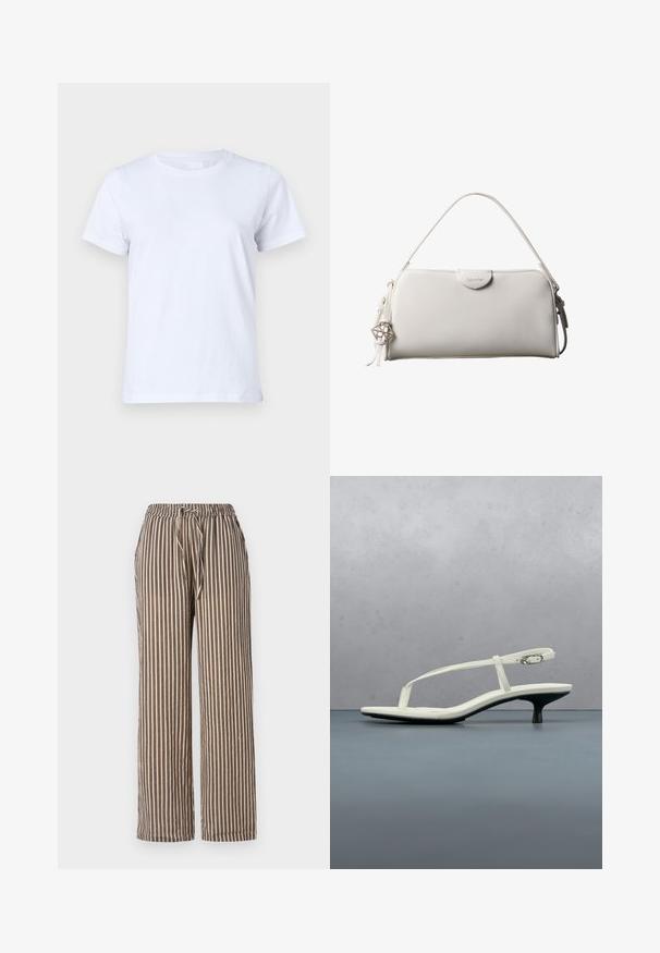 Camiseta de algodón blanca, de manga corta, diseño clásico de cuello redondo, textura lisa sin patrones ni acentos, ajuste estándar, simple y versátil.; Pantalones de pierna ancha a rayas en beige con rayas verticales en azul marino. Cuentan con una cinturilla elástica con cordón y bolsillos laterales. Textura de tejido suave.; Sandalia blanca de tacón kitten con tiras y punta afilada, flotando sobre un suelo de baldosas de madera al aire libre, con un fondo desenfocado de plantas y pared.; Bolso rectangular blanco de Calvin Klein con un solo asa, diseño minimalista y borlas decorativas con un charm metálico geométrico en el lateral.