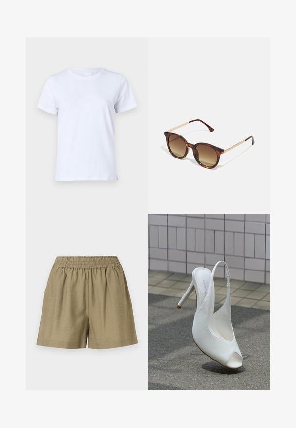 Λευκό βαμβακερό T-shirt, κοντά μανίκια, κλασικός σχεδιασμός με στρογγυλή λαιμόκοψη, απλή υφή χωρίς σχέδια ή διακοσμητικά στοιχεία, κανονική εφαρμογή, απλό και ευέλικτο.; Μπεζ casual σορτς με ελαστική μέση και χαλαρή εφαρμογή, κατασκευασμένα από ελαφρύ ύφασμα.; Άσπρο γυναικείο παπούτσι με ψηλό τακούνι και λουράκι, με ανοιχτή μύτη, σε πεζοδρόμιο μπροστά από πλακιδωμένο τοίχο, ρίχνοντας σκιά στο έδαφος.; Γυαλιά ηλίου καβουροειδούς στιλ με βαθμιαία καφέ φακούς, στρογγυλό σχήμα και χρυσές μεταλλικές λεπτομέρειες στους βραχίόνες.