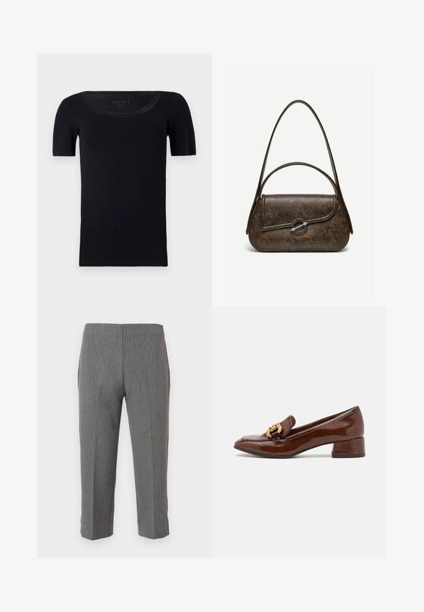 T-shirt noir à manches courtes en coton doux. Présente un col large et une coupe ajustée avec une texture lisse et sans motifs visibles.; Pantalons à rayures grises avec un design fuselé, offrant une texture lisse et une longueur raccourcie. Sans fermetures ni poches visibles.; Mocassins en cuir marron avec une finition brillante, dotés d'une boucle décorative en or à l'avant et d'un talon bas. Design classique.; Sac à main en cuir brun foncé texturé avec deux anses, forme rectangulaire arrondie, et fermeture à bouton circulaire argenté sur le rabat avant.