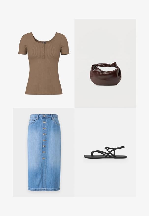 Bruin geribd topje met korte mouwen, ronde hals en vier kleine ronde zilveren knopen op de voorkant.; Blauwe denim midi-rok met een rechte snit, voorzien van een sluiting met knopen aan de voorkant, vijf zakken en een vervaagde wassing voor textuur.; Zwarte platte sandaal met dunne bandjes, teugel en verstelbare gesp enkelriem op een effen lichtgrijze achtergrond.; Donkerbruine leren schoudertas met een zachte, slungelige vorm en een gedraaide knoopvormige handgreep op een effen witte achtergrond.