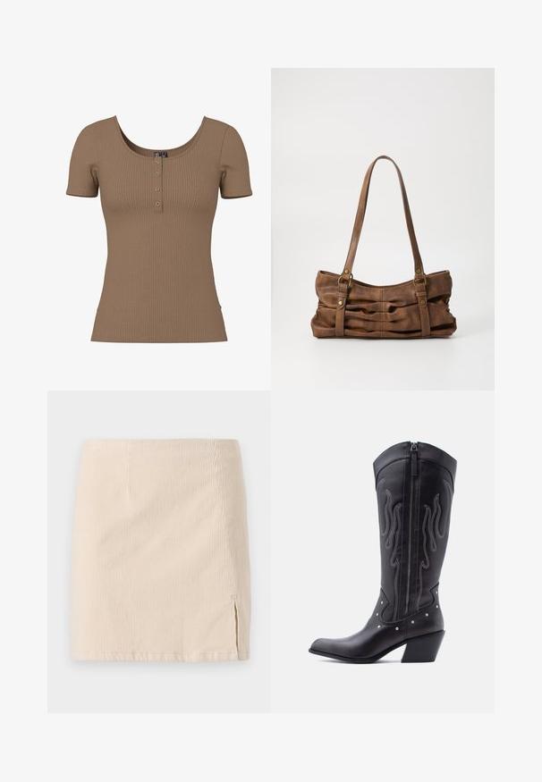 Brun kortærmet top med ribbet tekstur, rund halsudskæring og fire små, runde sølvknapper på frontstykke.; Beige corduroy miniskirt med lodret ribbet tekstur, med en sideslids for ekstra detaljer. Kantene er lige og ensartet syet.; Sorte cowboystøvler i læder med spids tå, synlige sømme, sølvfarvede nitte-detaljer og lynlås på den indvendige side.; Even&Odd Håndtasker - brown