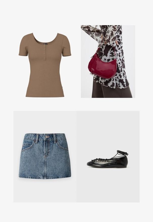 Bruin geribd topje met korte mouwen, ronde hals en vier kleine ronde zilveren knopen op de voorkant.; Denim mini-jurk in een medium blauwe wash, met een aansluitende taille, voorzakken en subtiele stiksels. Glad, gestructureerd stoffenafwerking.; Zwarte ballerina's van lakleer met een afgeronde neus, veterdesign en een platte zool. Glad oppervlak met minimale details.; Vrouw met een zwart-wit gebloemde blouse houdt een glanzende rode schoudertas vast tegen een effen achtergrond.