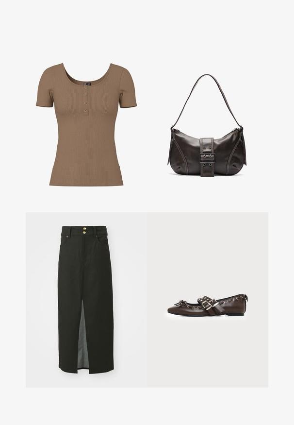 Brun kortærmet top med ribbet tekstur, rund halsudskæring og fire små, runde sølvknapper på frontstykke.; Sort denimnederdel med høj talje, to guld knaplukninger, slids foran og sidelommer. Glat tekstur og knælangt design.; Mørkebrune lædersko med flad sål og spids snude, dobbelt sølvsnørrebånd, metaløjer og dekorativ sløjfe foran.; Brun læder skuldertaske med en buet form, der har et fremtrædende spænde, kontrasterende syninger og en enkelt skulderrem.