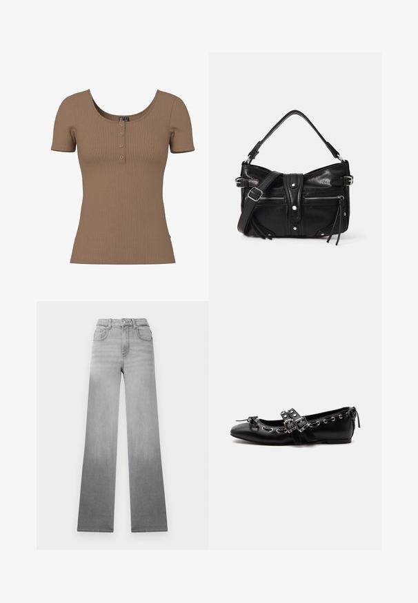 Top corto marrón con manga corta acanalada, escote redondo y cuatro pequeños botones plateados redondos en la tapeta frontal.; Jeans grises con un efecto ombré descolorido, diseño de cintura alta, estilo clásico de cinco bolsillos y piernas rectas y anchas hechas de tela de mezclilla.; Zapato de ballet plano negro con correas de doble hebilla, ojales plateados y un pequeño lazo cerca de la puntera redondeada sobre un fondo blanco.; Even&Odd by Zalando H24462 - Bolso de mano - black