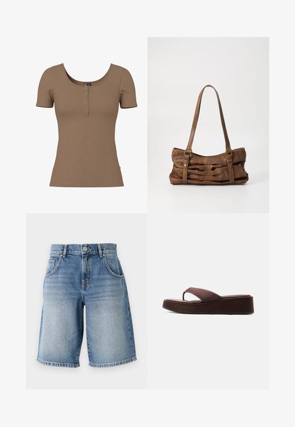 Brun kortærmet top med ribbet tekstur, rund halsudskæring og fire små, runde sølvknapper på frontstykke.; Lysblå denimshorts med lige pasform, fem lommer og bronzefarvet hardware. Har en rå kant og en falmet vaskemæssig struktur.; Brun platform flip-flop sandal med tyk sål og bred rem over tæerne på en ens hvid baggrund.; Even&Odd by Zalando Håndtasker - brown