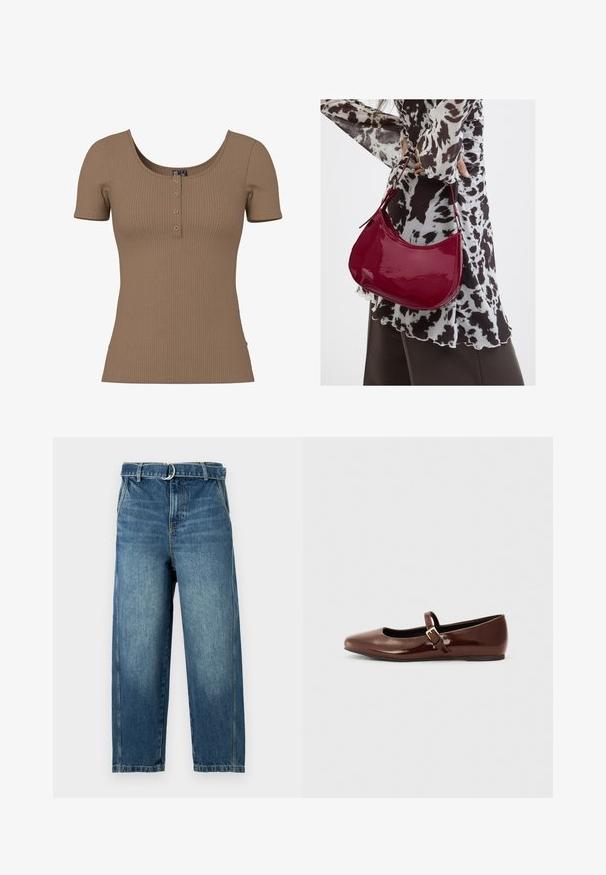 Haut marron côtelé à manches courtes avec encolure dégagée et quatre petits boutons ronds en argent sur la patte de boutonnage avant.; Jean en denim bleu avec une taille haute, des jambes larges et une ceinture avec un anneau en métal. Présente des décolorations et des effets d'usure subtils sur le tissu.; Ballerine en cuir verni marron avec un bout carré et une lanière ornée d'une petite boucle dorée. Texture lisse, talon bas et design minimaliste.; Femme portant un chemisier à motif noir et blanc tenant un sac à main rouge brillant sur un fond uni.