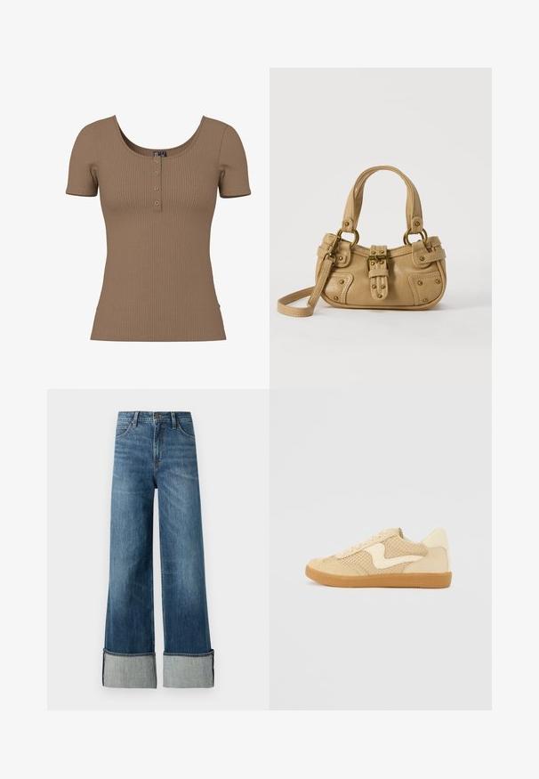 Brun kortærmet top med ribbet tekstur, rund halsudskæring og fire små, runde sølvknapper på frontstykke.; Lee STELLA - Wide leg - richter; Beige sneakers med ruskind og mesh-materialer, rund form, fremtrædende polstret krave og en gummikondisko. Har et bølge-design som accent.; Beige læderhåndtaske med dobbelte håndtag, messing spænde og nitte detaljer samt en justerbar skulderrem mod en hvid baggrund.