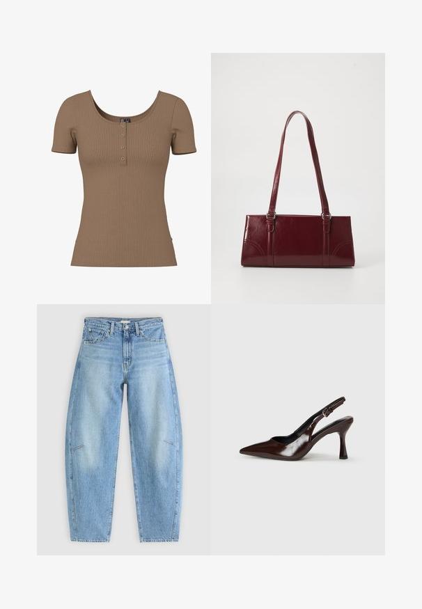Bruin geribd topje met korte mouwen, ronde hals en vier kleine ronde zilveren knopen op de voorkant.; Lichtblauwe denim jeans met een relaxte pasvorm, met een hoge taille, rechte pijpen en subtiele stiksels op de voorzakken.; Bruine gepatineerde leren slingback pumps met een spitse neus, een dunne hak en een verstelbaar bandje met een kleine gesp.; Bourgondische handtas van glanzend materiaal, rechthoekige vorm, met twee schouderbanden en subtiele gebogen accenten aan de voorkant.