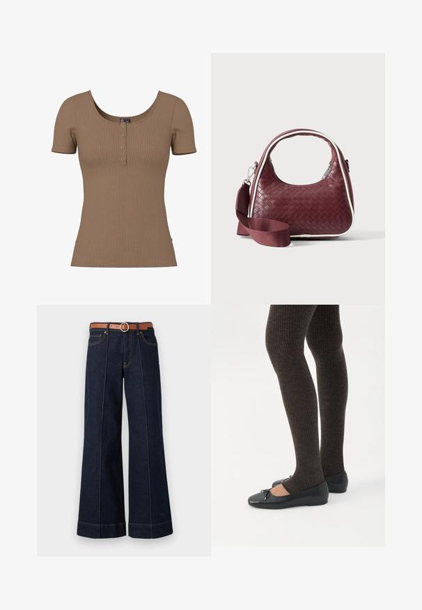 Top corto marrón con manga corta acanalada, escote redondo y cuatro pequeños botones plateados redondos en la tapeta frontal.; Jeans de mezclilla de un azul oscuro, de pierna ancha y con una cintura alta, cinturón marrón y detalles de costura visibles. Incluye bolsillos delanteros y un ajuste relajado.; Piernas con leggings oscuros acanalados combinados con bailarinas negras que presentan pequeños detalles de lazo sobre un fondo blanco.; Bolso de mano de cuero tejido color granate con asa curva, ribete blanco, cremallera plateada y correa desmontable de tela ancha para el hombro sobre fondo liso.