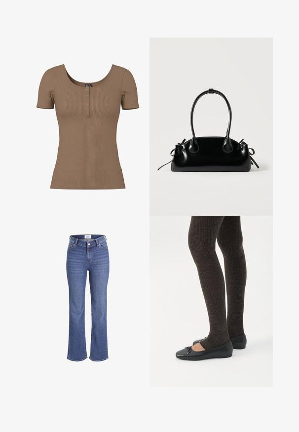 Brun kortærmet top med ribbet tekstur, rund halsudskæring og fire små, runde sølvknapper på frontstykke.; Mørkeblå jeans i denim med høj talje, brede ben og et traditionelt fem-lomme design. Har synlig syning og lukning med en frontknap.; Ben iført mørke ribbede leggings kombineret med sorte balletsko med små sløjfedetaljer på hvid baggrund.; Lille sort blank håndtaske med to lange håndtag og snøre-detaljer i siden på en ensfarvet lys baggrund.