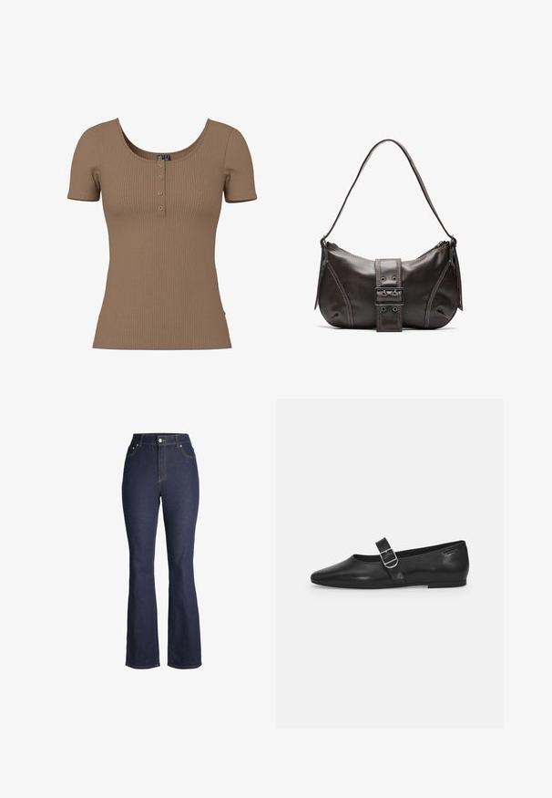 Haut marron côtelé à manches courtes avec encolure dégagée et quatre petits boutons ronds en argent sur la patte de boutonnage avant.; Jean denim bleu foncé taille haute avec bouton et fermeture éclair à l'avant, poches avant et jambes légèrement évasées.; Chaussure plate en cuir noir avec un bout arrondi, une seule sangle réglable à boucle et une texture lisse et brillante. Design minimaliste avec un petit talon.; Sac à épaule en cuir marron avec une forme courbée, présentant un détail de boucle proéminent, des coutures contrastantes et une seule bandoulière.