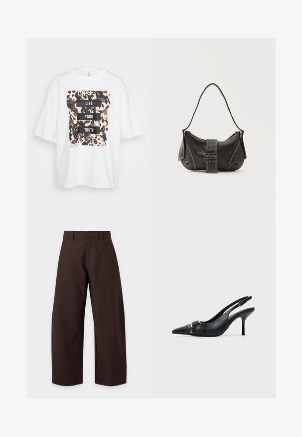 T-shirt blanche oversized à manches courtes, ornée d'un motif abstrait brun et noir et du texte "VIVE TA VÉRITÉ" en blocs noirs gras.; Pantalon large marron foncé avec passants de ceinture et détails de couture avant, présenté sur un fond clair uni.; Escarpin slingback à talon haut en cuir noir avec bout pointu, boucle et détail de bride œillet à l'avant.; Sac à épaule en cuir noir avec une sangle à boucle, des bords arrondis et des coutures blanches contrastées sur un fond uni.