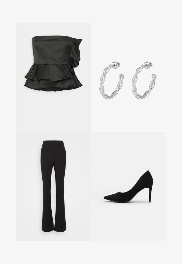 Pinko TROPPO POPELINE CINZATO - Topp - nero limousine; Gina Tricot Tall LUNA TROUSERS - Püksid - black; Mustmust musta kõrge kontsaga king, millel on terav nina, sile tekstuur ja õhuke stiletto konts. Klassikaline disain elegantselt voolujoonelisena.; Väänatud hõbedased rõngaskõrvarõngad, millel on sile viimistlus ja sissetõmmatav klamber, esitlevad kaasaegset, omavahel seotud disaini.