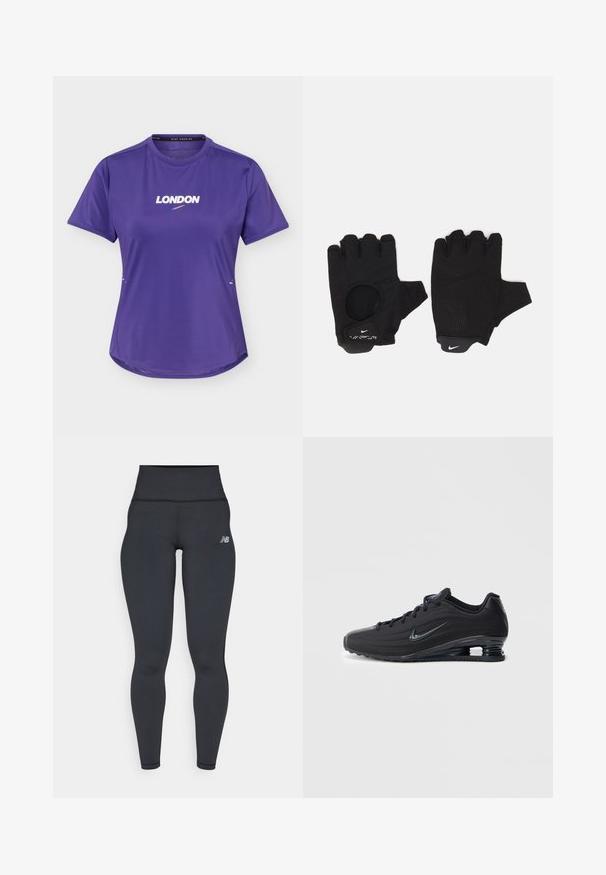 Fialové atletické tričko s krátkym rukávom so slovom „LONDON“ a malým modro-ružovým logom Nike swoosh v strede vpredu.; Čierne vysoké športové legíny s priliehavým strihom, hladkou textúrou a malým bielym logom na ľavom boku.; Čierne tenisky Nike s textúrovaným zvrškom, elegantným dizajnom, šnurovaním a viditeľnou vzduchovou jednotkou na päte. Minimalistický branding.; Čierne prstové rukavice bez prstov s textúrovaným dizajnom. Vyrobené z priedušného materiálu, s otvorom na palec a zosilnenou dlaňou pre lepší úchop.