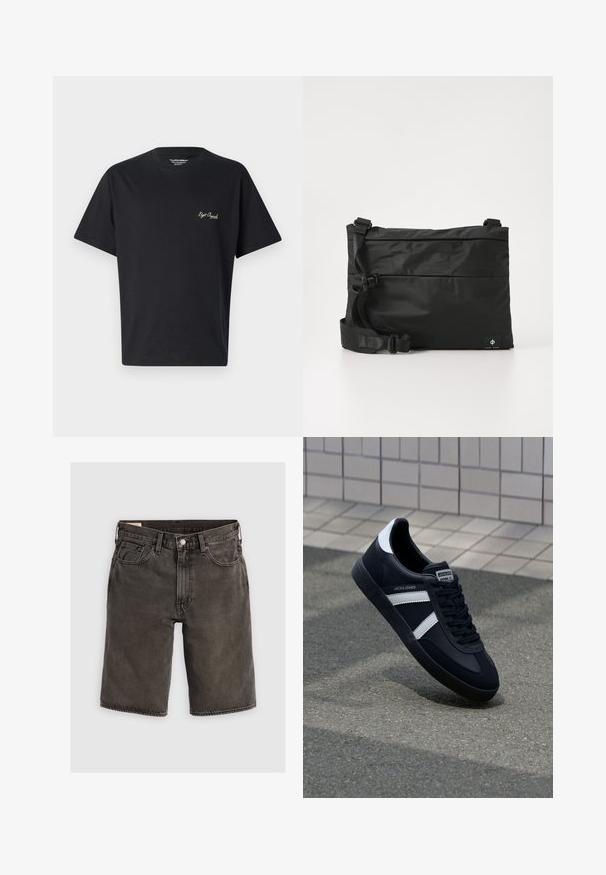 Zwarte katoenen t-shirt met een ronde hals, korte mouwen en een klein geborduurd logo in een contrasterende kleur op de borst.; Donkergrijze denimshorts met een normale pasvorm, voorzien van vijf zakken, een knoopsluiting en een gestructureerde tailleband. Zachte textuur, een strak ontwerp.; Zwarte leren sneaker met witte strepen, een gestructureerde rubberen zool en vetersluiting aan de voorkant. Voorzien van een merklabel op de tong.; Zwarte nylon boodschappentas met verstelbare riem, plat ontwerp en een zijlabel met een logo. Soepele textuur en minimalistische stijl.
