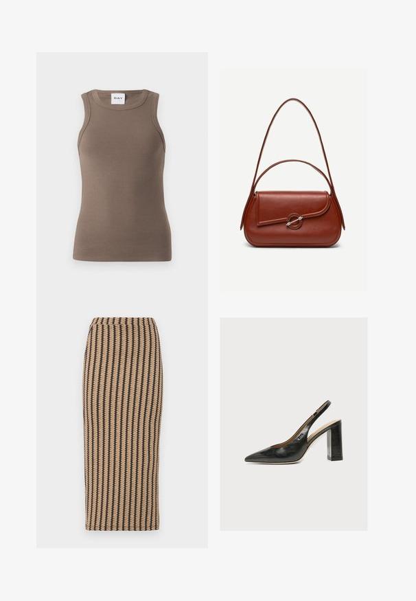Brun ribbet tanktop med en tætsiddende design, rund halsudskæring og ærmeløs stil. Mærket læser "DAY" øverst.; Strikket blyantskirt i tan med vertikale sorte striber. Mellemlangt, tætsiddende design med en glat tekstur og enkel talje. Ingen synlige lukninger.; Sort læder kvindesko med slingback, spids tå og tyk blokhøj hæl på hvid baggrund.; Brun skuldertaske i læder med afrundet rektangulær form, asymmetrisk klap, sølvfarvet rund lukning og to tynde stropper.