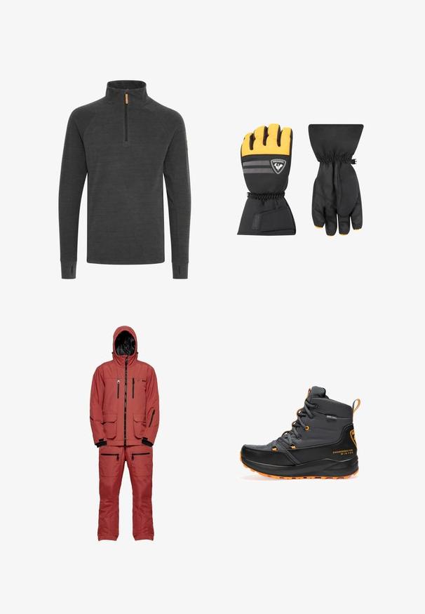 Mørkegrå pullover med høj krave, udstyret med en halv lynlås og tapered ærmer med tommelhuller, lavet af struktureret stof.; Rød vandtæt skijakke med hætte, der har sorte lynlåse og detaljer, flere lommer og et tekstureret stof til isolering.; Sorte vinterstøvler med et vandtæt design, orange detaljer, snørebånd og en tekstureret sål til skridsikkerhed. Mærket angiver vinterbrug.; Sorte og gule isolerede handsker med et vandtæt design. Har elastiske manchetter, logo-detalje og en grippy tekstureret håndflade.
