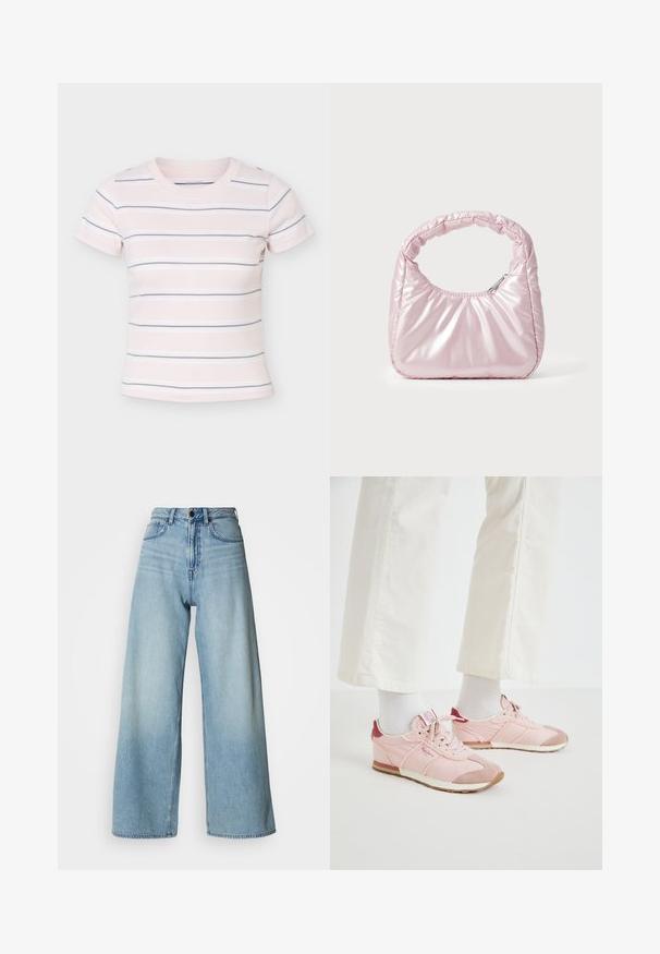 Svetloružový krátky crop top s krátkym rukávom s tenkými vodorovnými bielymi a sivými pruhmi, okrúhlym výstrihom, zobrazený na jednofarebnom pozadí.; Svetlomodré široké džínsy s vysokým pásom vyrobené z denimu, s dizajnom piatich vreciek a jemným vyblednutím pre textúru.; Ružové športové topánky s kombináciou hladkých a textúrovaných materiálov. Medzi vlastnosti patrí marónový akcent na päte a biela gumová podrážka.; Ružová, polstrovaná kabelka s oblehnutým dizajnom, vyrobená z lesklého materiálu. Obsahuje naťahovanú rukoväť a zipsové uzatvorenie pre bezpečný prístup.