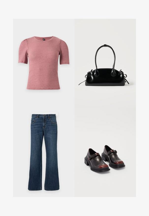 Kurzärmeliges, strukturiertes Oberteil aus rippenartigem stoff in staubigem Rosa. Rundhalsausschnitt mit dezenten Puffärmeln. Eng anliegende Form, elastisches Material.; Dunkelblaue Jeans mit weitem Bein und klassischem Fünf-Taschen-Design, mit Knopfverschluss und dezentem Used-Look. Hergestellt aus Denimstoff.; Leder-Blockabsatzschuhe mit glänzender dunkelburgunderfarbener Oberfläche, ausgestattet mit einem Schnallenriemen und einem runden Zehendesign. Texturierte Außensohle für besseren Grip.; Kleine schwarze glänzende Handtasche mit zwei langen Griffen und seitlichen Kordelzug-Details vor einfachem hellem Hintergrund.