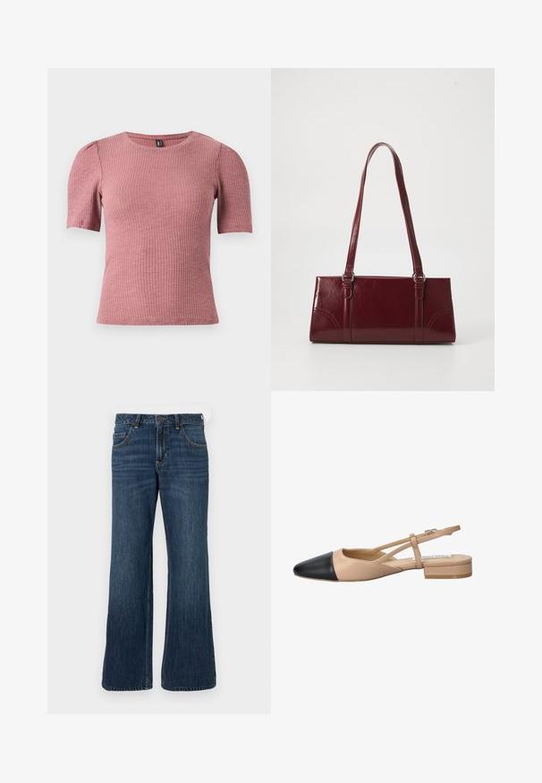 Top à manches courtes en tissu côtelé couleur rose poussière. Encolure ronde avec épaules légèrement bouffantes. Coupe ajustée, matière extensible.; Jean large bleu foncé avec une conception classique à cinq poches, doté d'une fermeture à bouton et de légères décolorations. Fabriqué en tissu denim.; Chaussure à bride arrière bicolore beige et noire avec un bout pointu, un talon plat et un détail de sangle croisée. Texture en cuir lisse.; Sac à main bordeaux en matériau brillant, de forme rectangulaire, avec deux anses et des accents légèrement courbés à l'avant.
