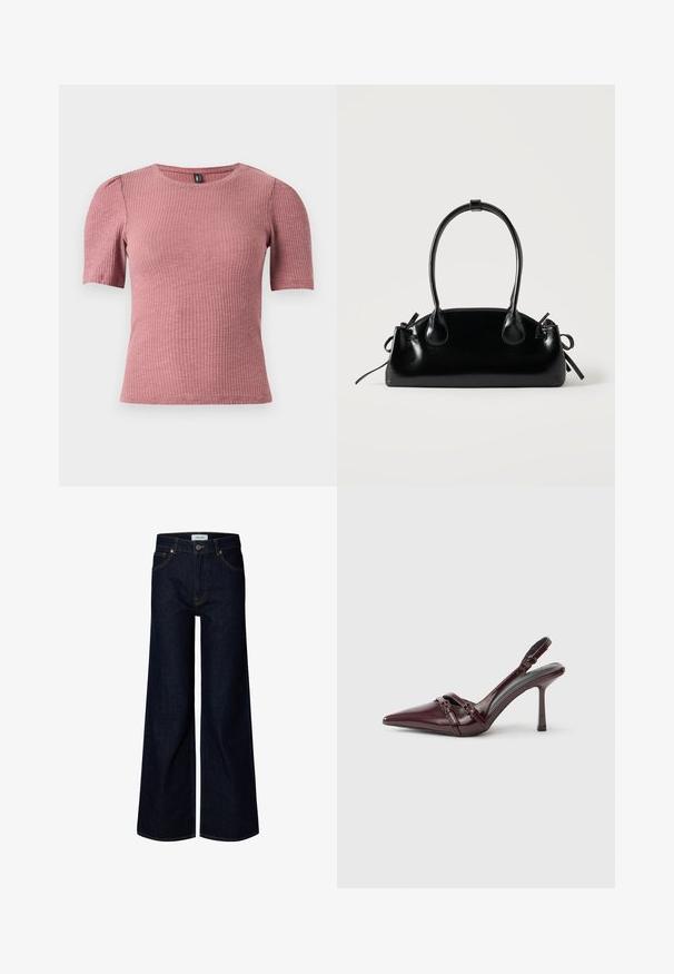 Kortærmet, tekstureret top i støvet rosa ribstrikket stof. Rund halsudskæring med diskrete pufærmer. Figursyet pasform, strækbart materiale.; Mørkeblå bredbenede denimjeans med frontknap og lynlås, bæltestropper og frontlommer, vist på en hvid baggrund.; Bourgogne laklæder slingback-hæl med spids tå, tynd ankelrem og lille dekorativ spænde. Glat tekstur og høj hæl.; Lille sort blank håndtaske med to lange håndtag og snøre-detaljer i siden på en ensfarvet lys baggrund.