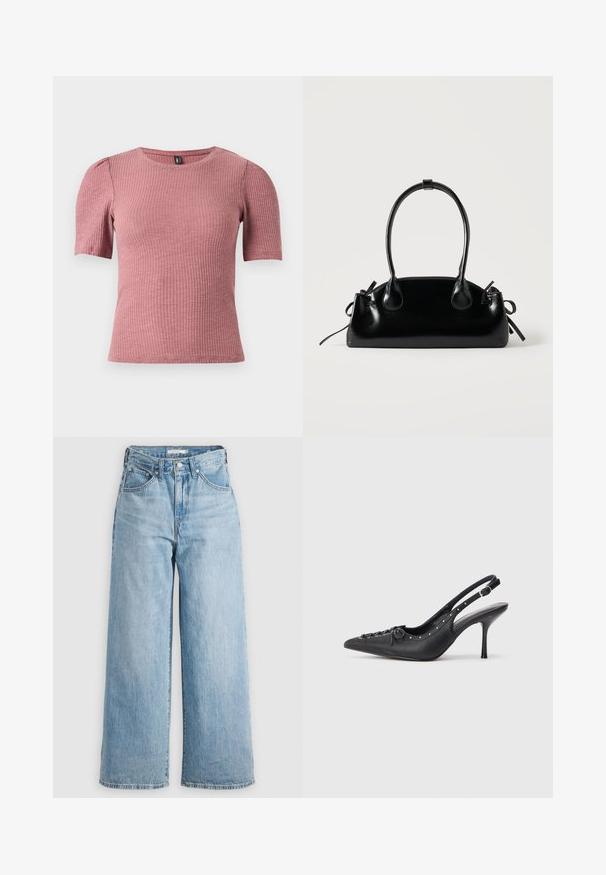 Top de manga corta con textura en tejido acanalado color rosa polvo. Escote redondo con hombros sutilmente abullonados. Corte ajustado, material elástico.; Vaqueros de pierna ancha de color azul claro con una cintura alta, confeccionados en tejido de denimbre. Presentan un diseño clásico de cinco bolsillos y herrajes metálicos.; Sandal de tacón stiletto negro de cuero con punta afilada, correa lateral con hebilla, tachuelas a lo largo del borde y cordones decorativos en la parte delantera.; Pequeño bolso negro brillante con dos asas largas y detalles de cordón lateral sobre un fondo claro liso.
