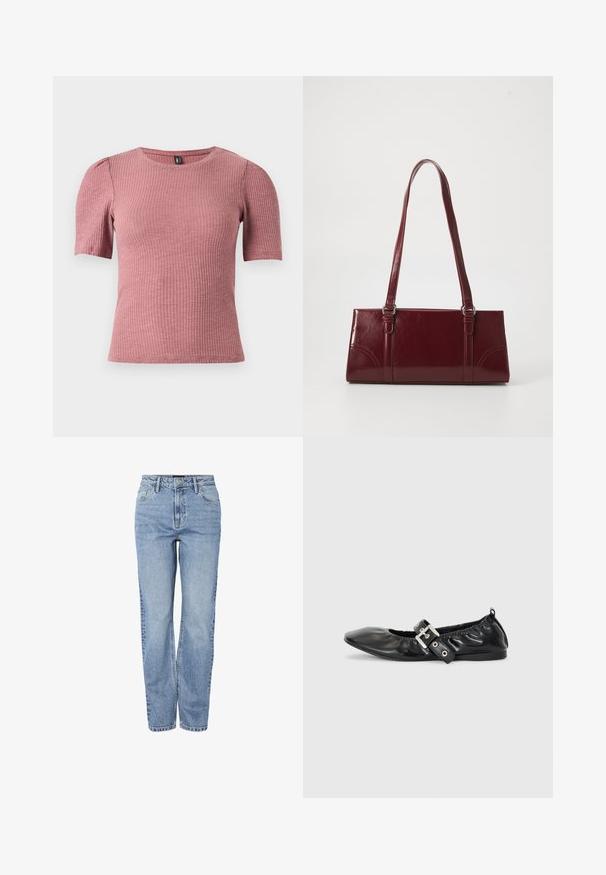 Top à manches courtes en tissu côtelé couleur rose poussière. Encolure ronde avec épaules légèrement bouffantes. Coupe ajustée, matière extensible.; Jean en denim bleu clair à taille haute, coupe droite, avec bouton à l'avant, fermeture éclair, passants pour ceinture et design à cinq poches.; Chaussure plate en cuir noir avec un nez pointu, des détails froncés autour de l'ouverture et un accent en boucle argentée sur la bride ajustable.; Sac à main bordeaux en matériau brillant, de forme rectangulaire, avec deux anses et des accents légèrement courbés à l'avant.