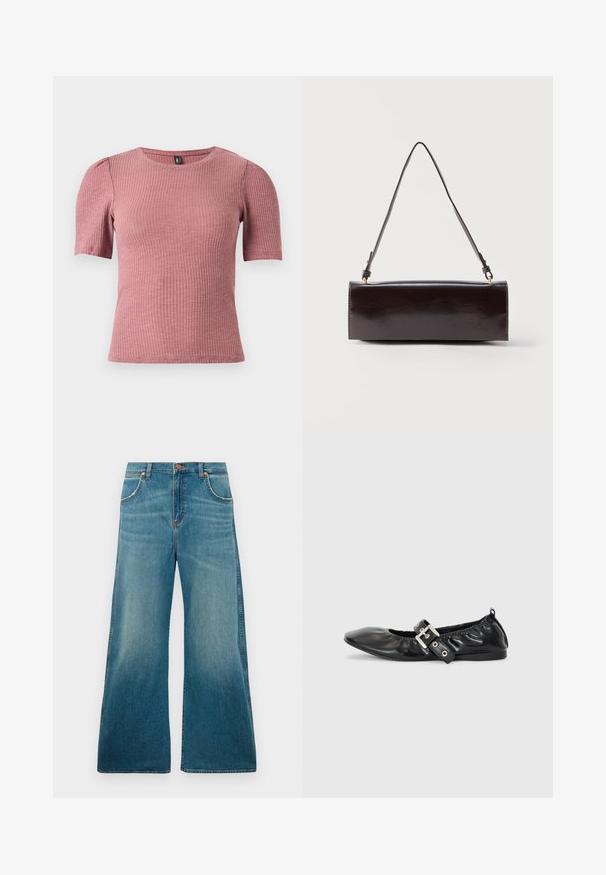 Kurzärmeliges, strukturiertes Oberteil aus rippenartigem stoff in staubigem Rosa. Rundhalsausschnitt mit dezenten Puffärmeln. Eng anliegende Form, elastisches Material.; Hochtaillierte blaue Jeans aus Denim mit weitem Bein, frontalen Taschen, Knopfverschluss und einem verblassten Farbverlauf von der Taille bis zum Saum.; Schwarze Leder-Ballerinas mit spitzem Zehenbereich, gerafften Details am Schaft und einem silbernen Schnallenakzent am verstellbaren Riemen.; Rechteckige schwarze Ledertasche mit einem einzelnen langen Riemen und glänzendem Finish, vor einem schlichten weißen Hintergrund präsentiert.